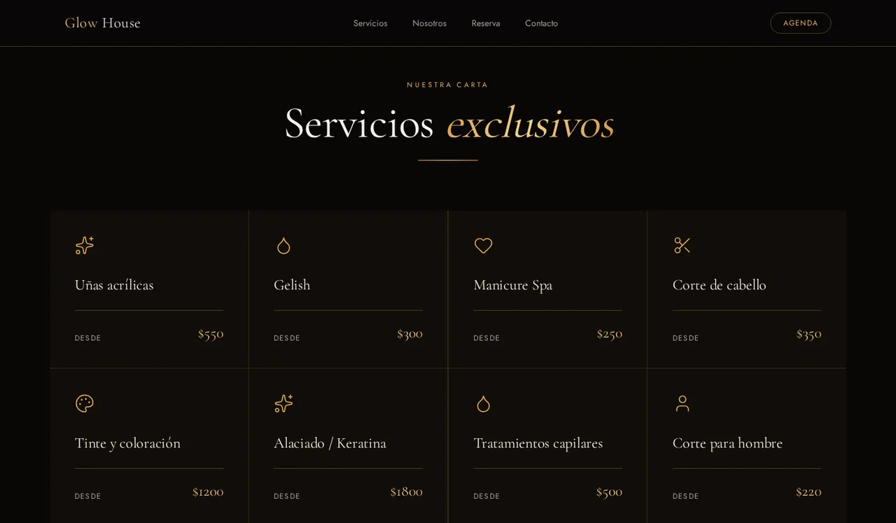 Sección de servicios de la página de Glow House
